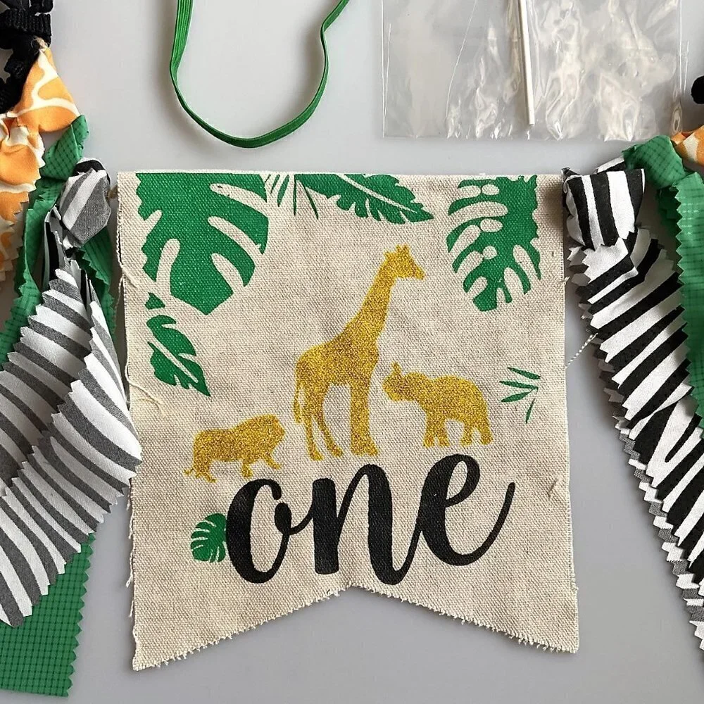 1ST BIRTHDAY PARTY FOREST JUNGLE SAFARI THEME DECORATIONS BANNER, CROWN, CAKE T